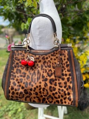 Coach Leopard-Print Satchel in Brown with Red Cherry Charm